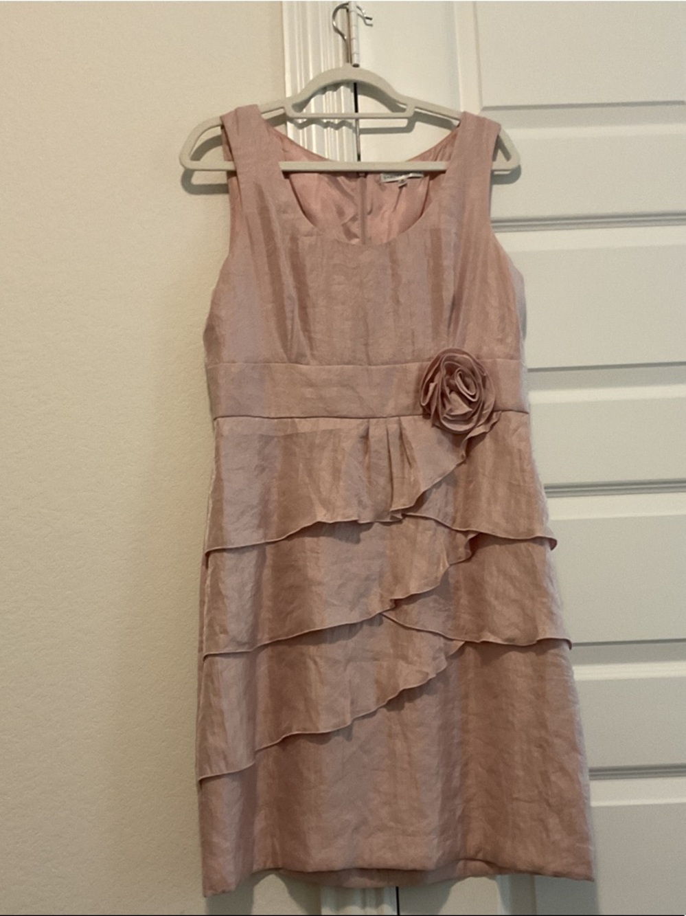 Sandra Darren Blush Pink Tiered Ruffle Cocktail Dress with Rosette